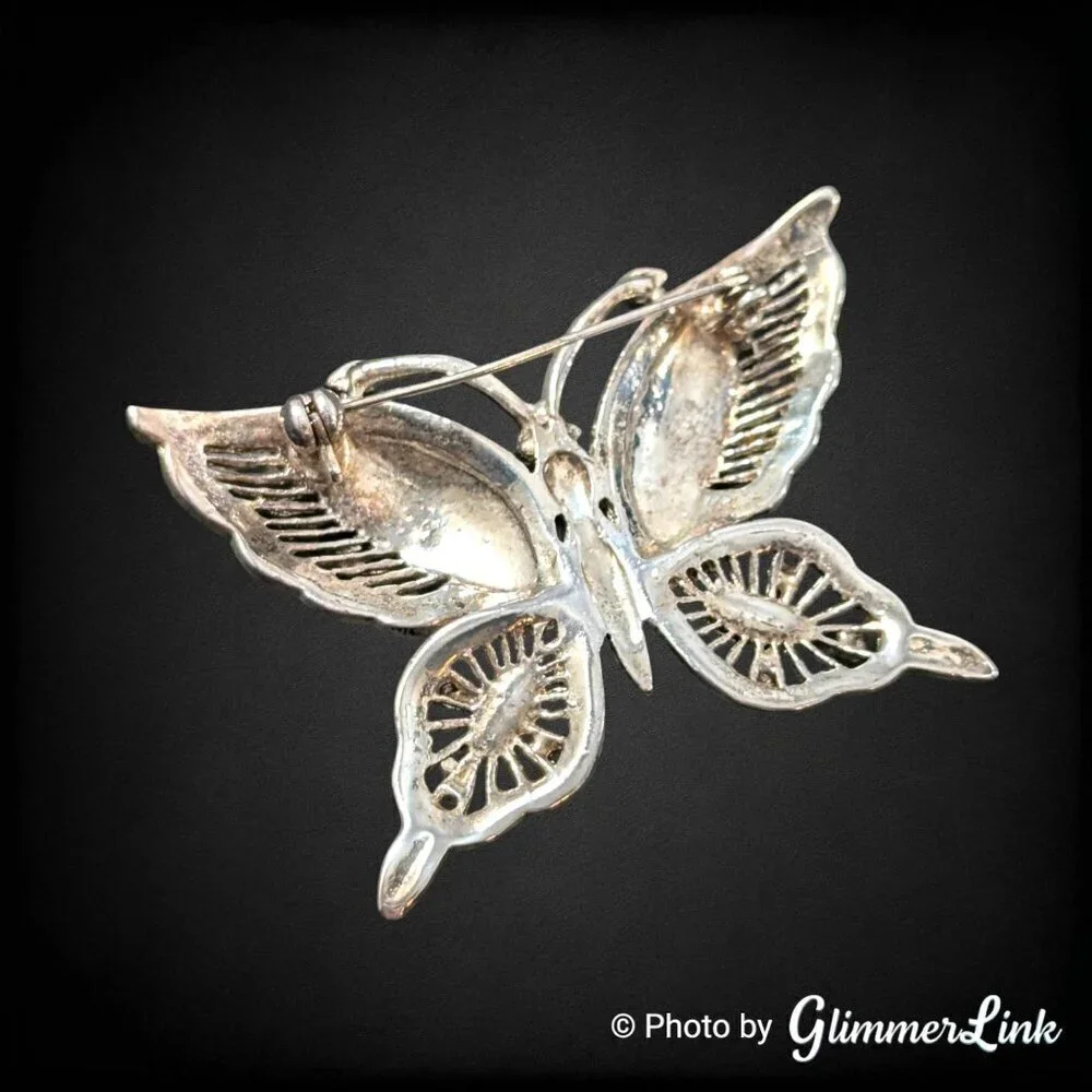 Vintage Black Rhinestone Faux Marcasite Butterfly Large Silver Plated Brooch